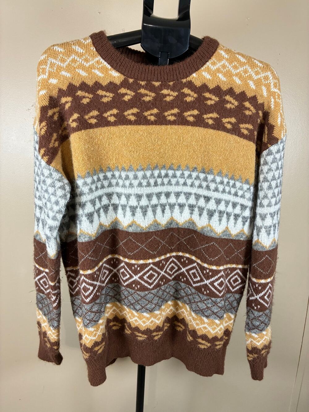 Geometric Retro Print Earth Tones Crewneck Knit Sweater Size M Fair Isle